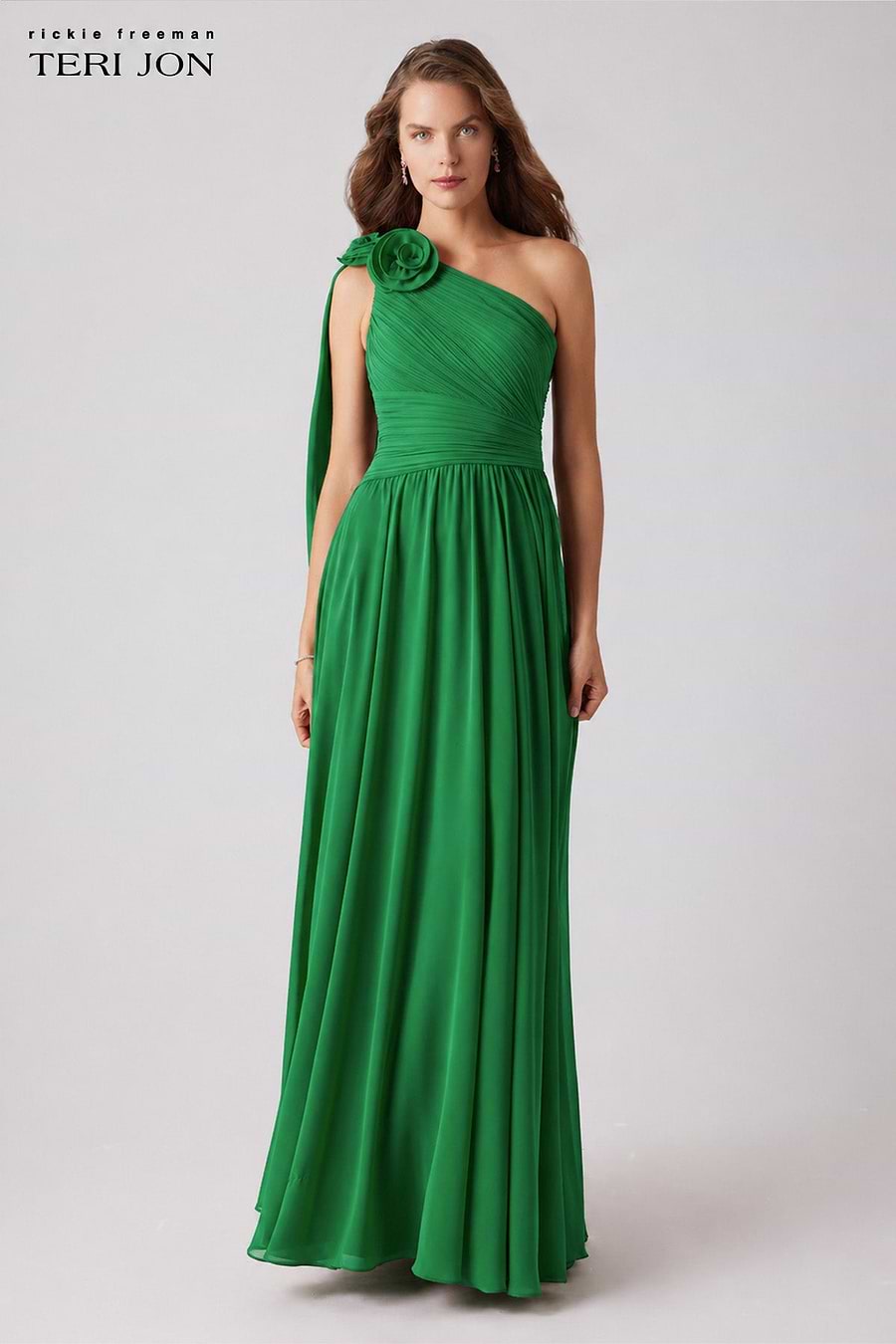 Teri Jon Pleated Chiffon Gown with Floral Shoulder Size 8