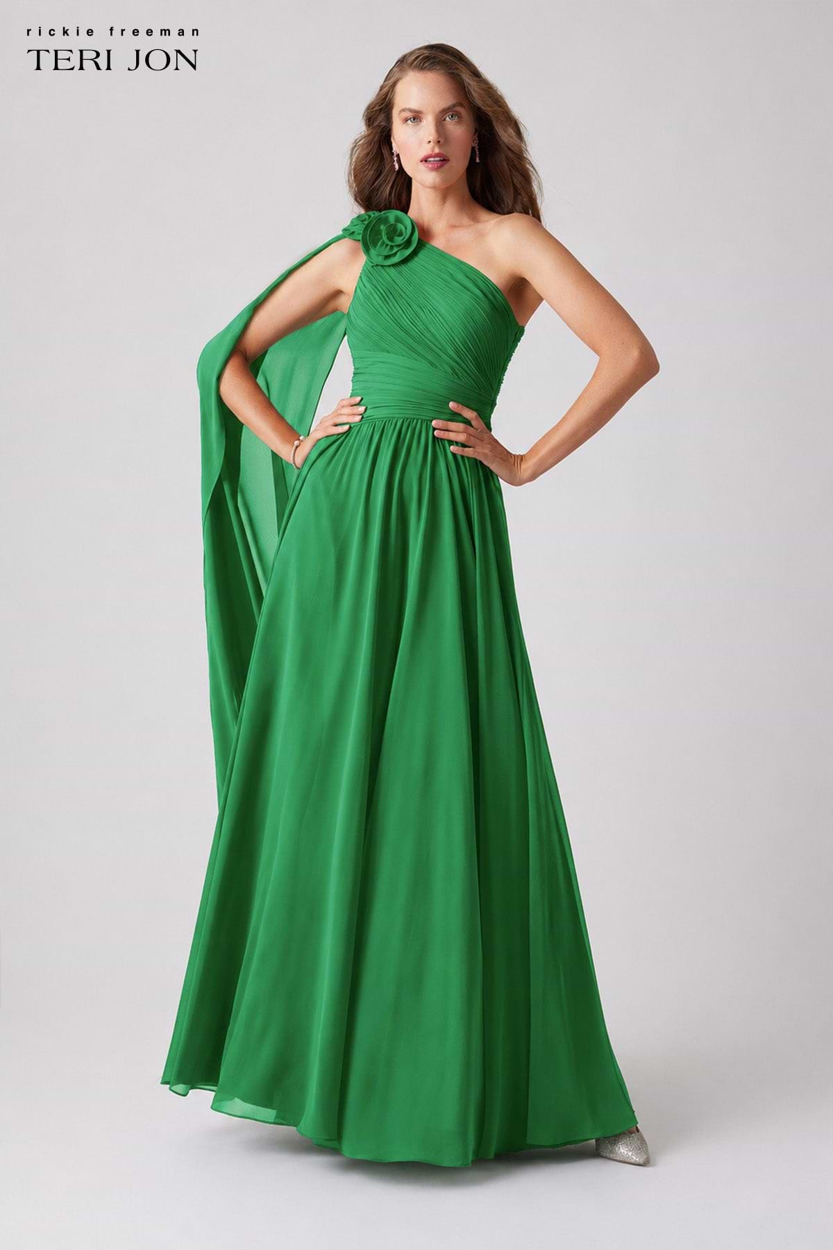 Teri Jon Pleated Chiffon Gown with Floral Shoulder Size 8