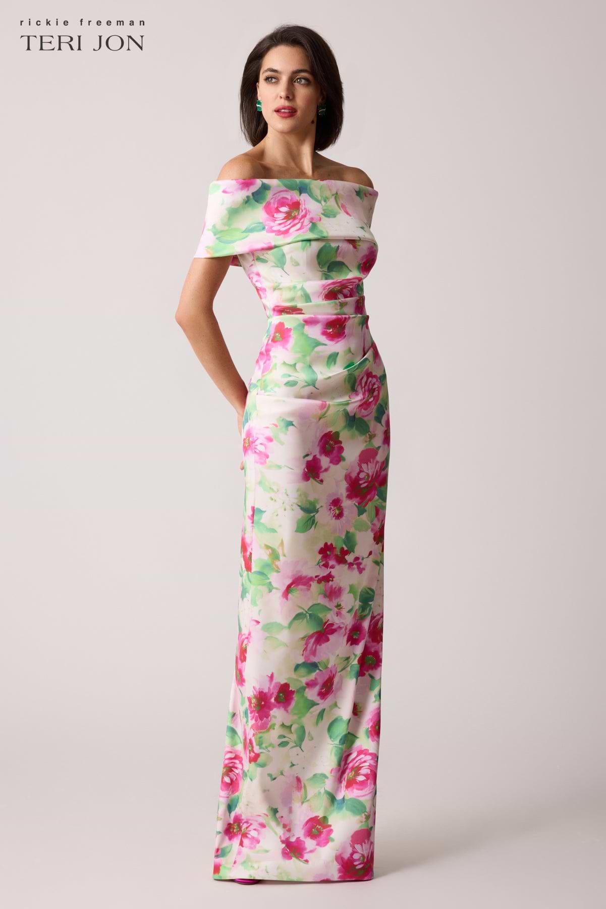 Mikado Ruched Off The Shoulder Print Stretch Gown