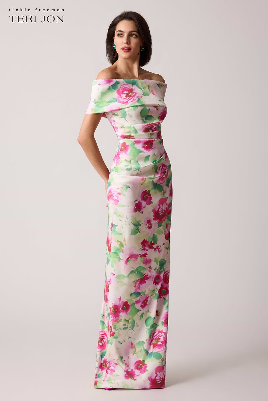 Mikado Ruched Off The Shoulder Print Stretch Gown