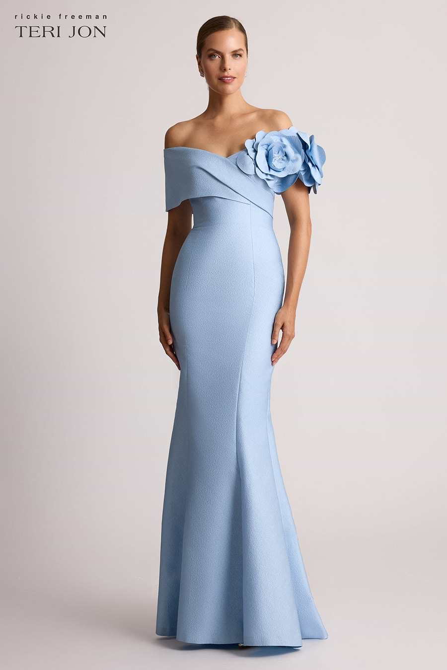 Pebble Jacquard 3D Flower Off The Shoulder Gown –