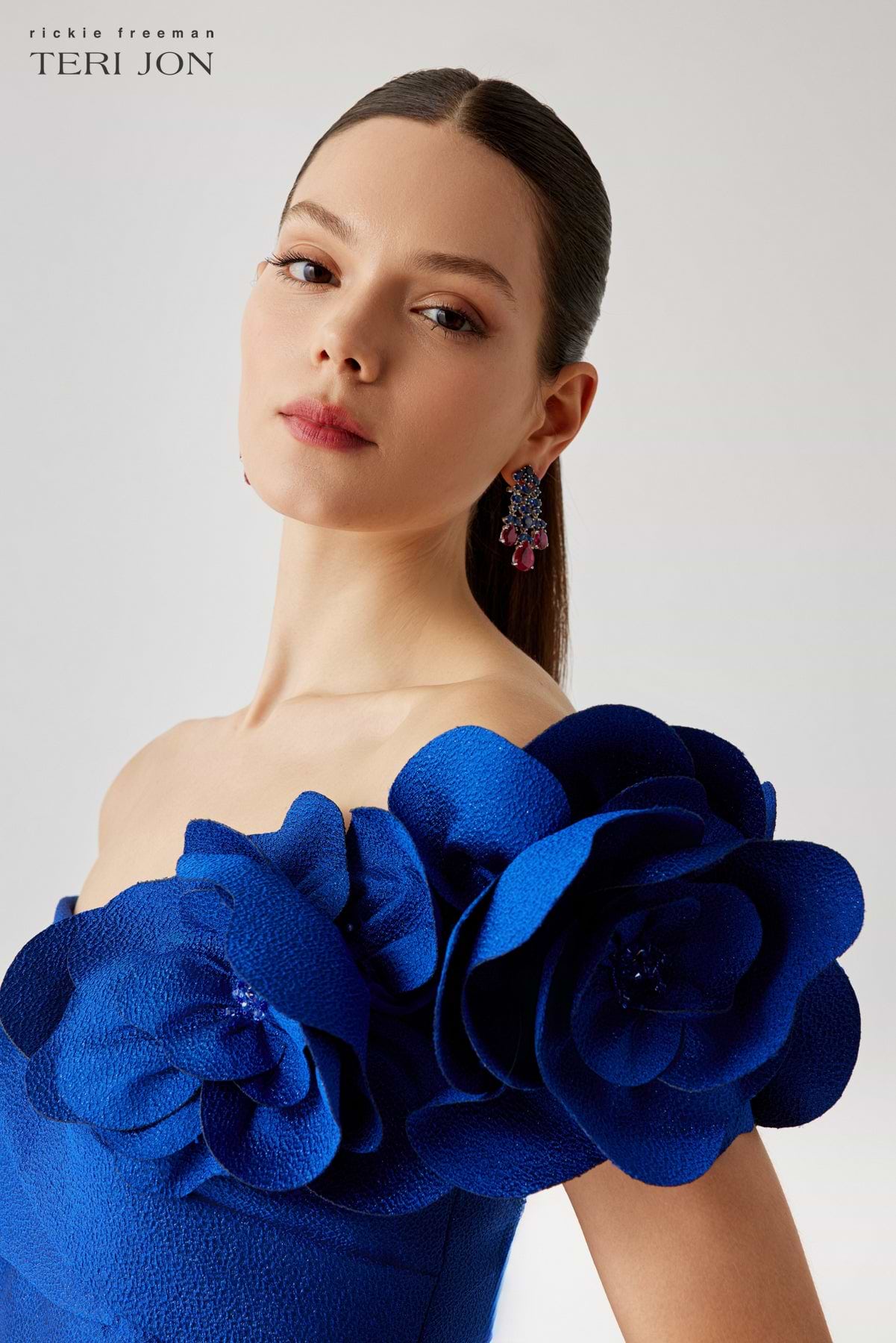 Pebble Jacquard 3D Flower Off The Shoulder Gown –