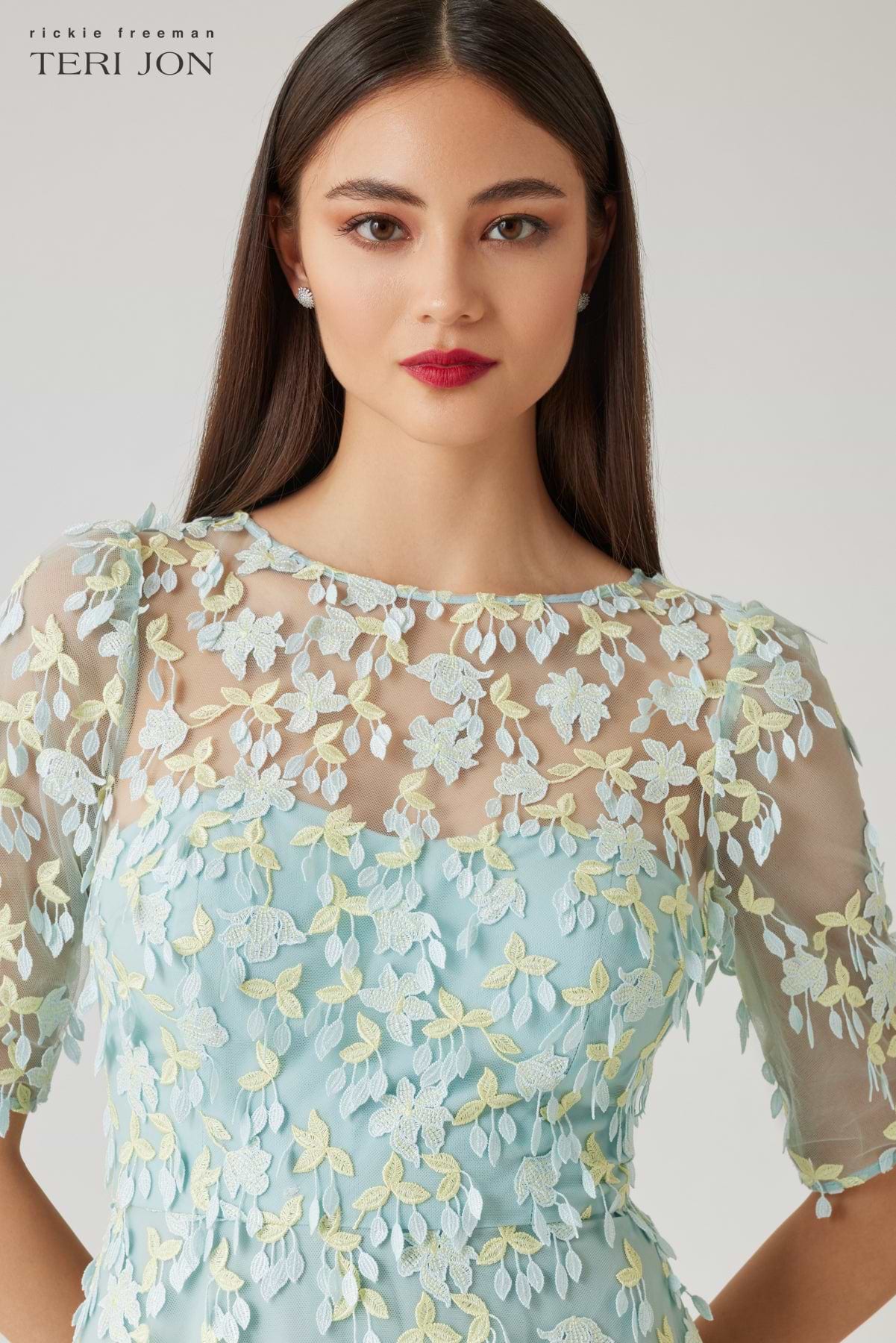 Tulle 3D Petal Elbow Sleeve Gown