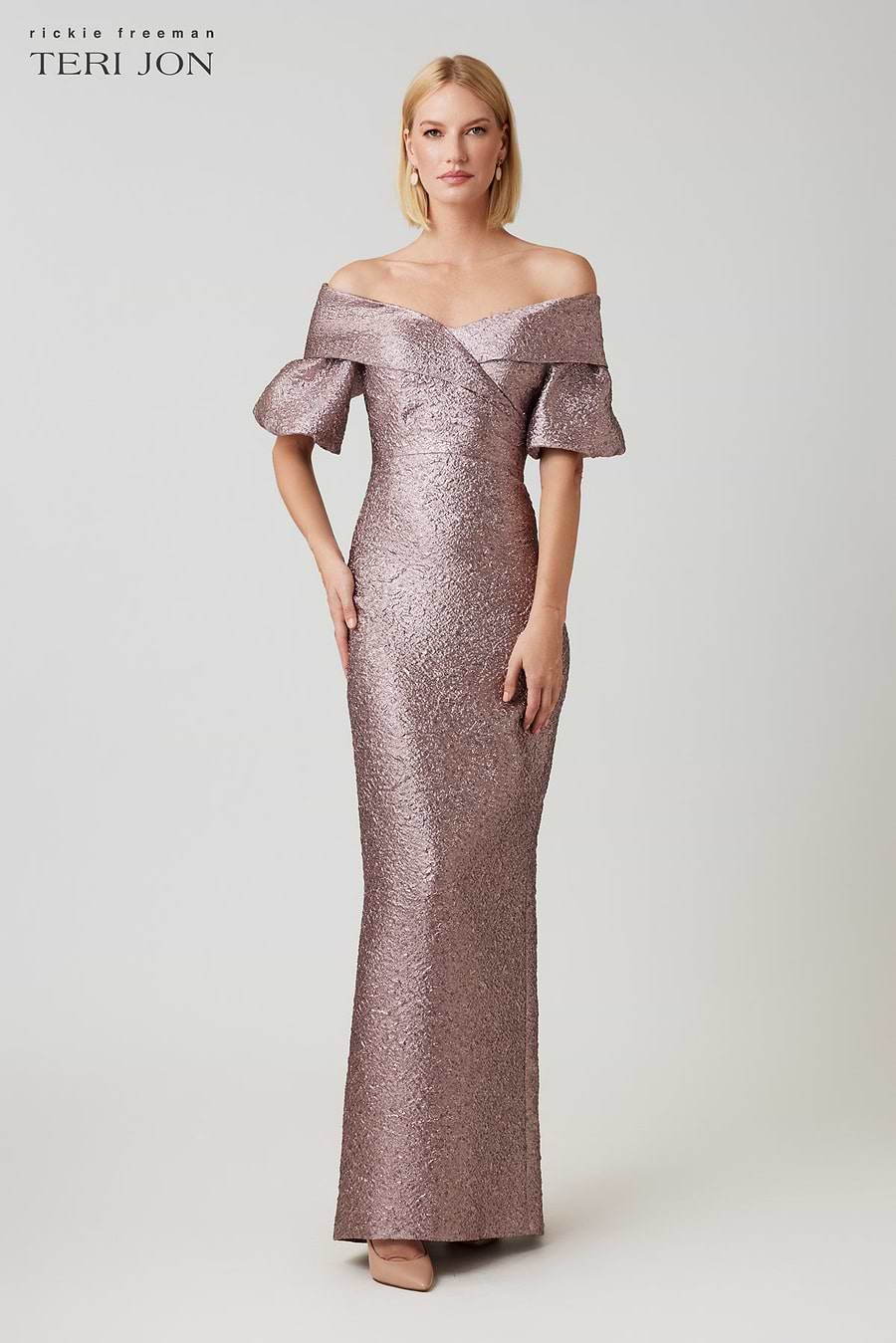 Teri Jon Metallic Jacquard Off Shoulder Puff Sleeve Gown Size 12