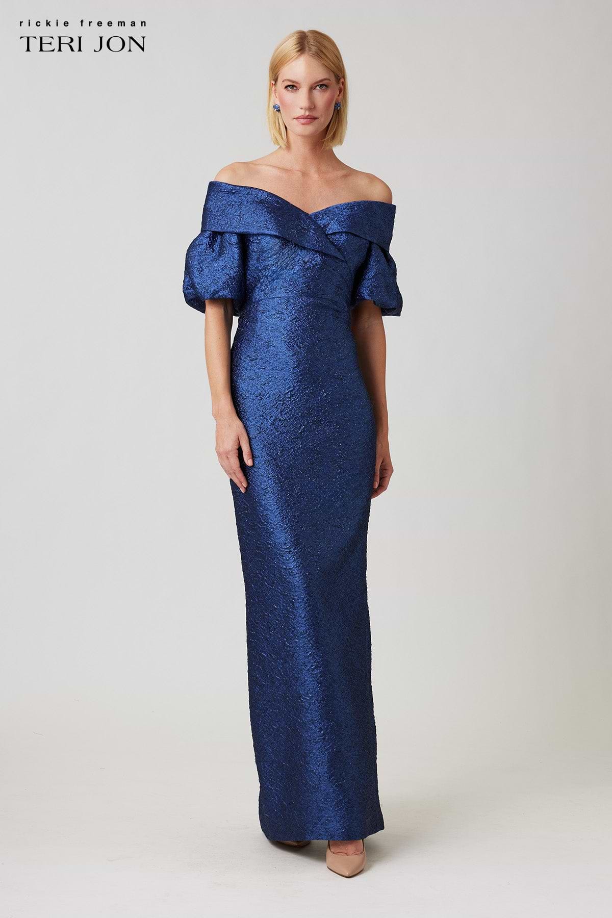 Teri Jon Metallic Jacquard Puff Sleeve Gown - Sapphire