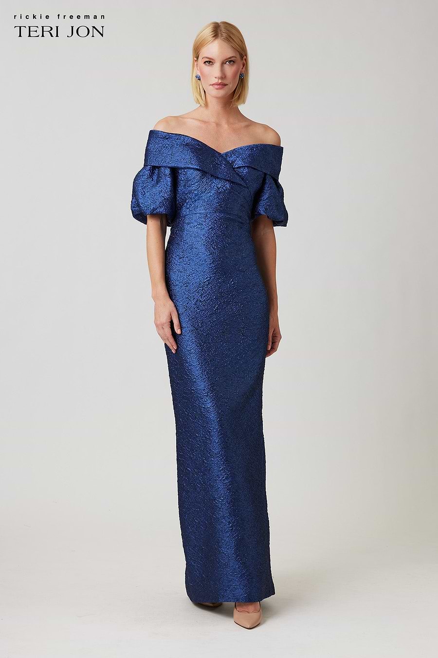 Teri Jon Metallic Jacquard Puff Sleeve Gown - Sapphire