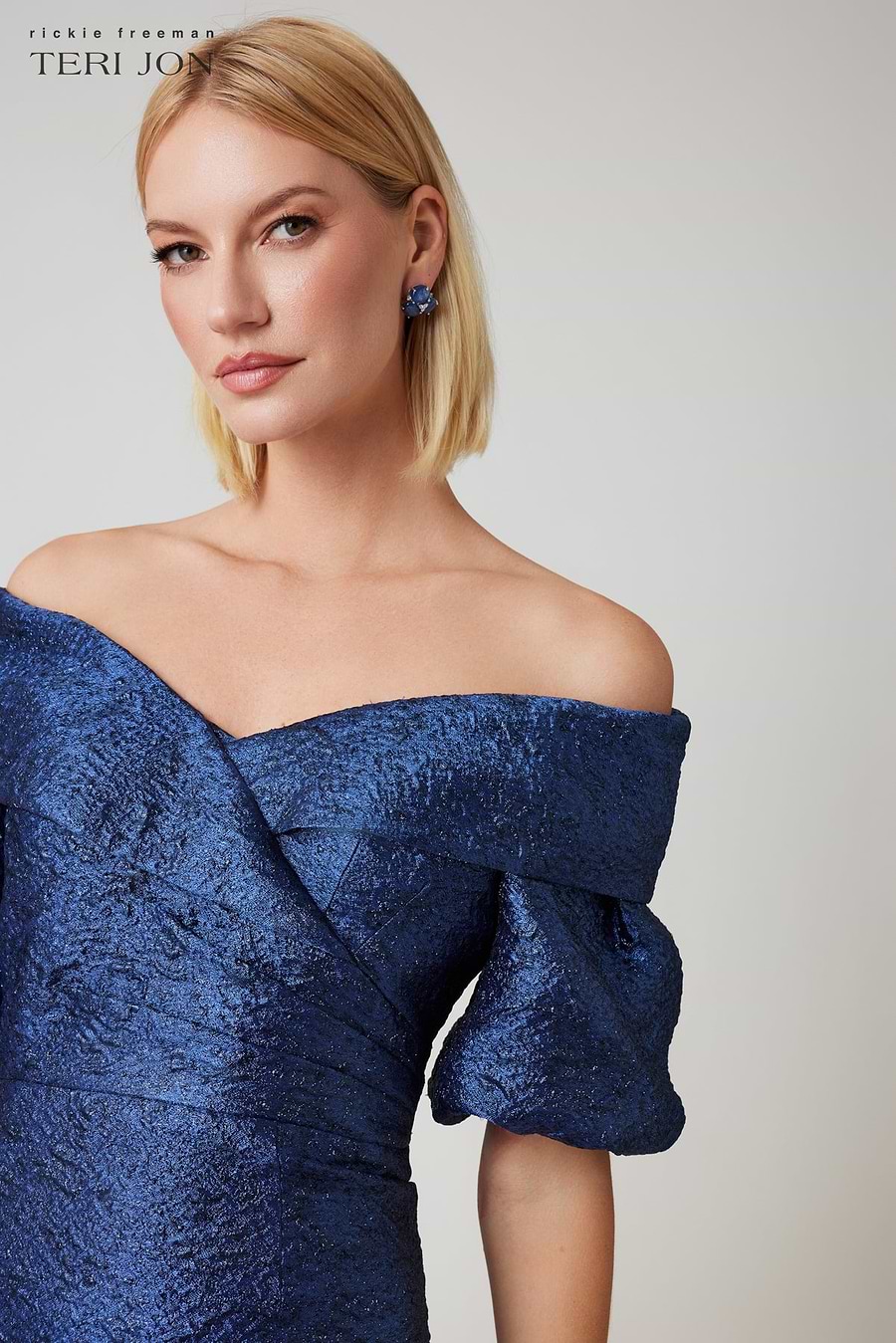 Metallic Jacquard Off Shoulder Puff Sleeve Gown –