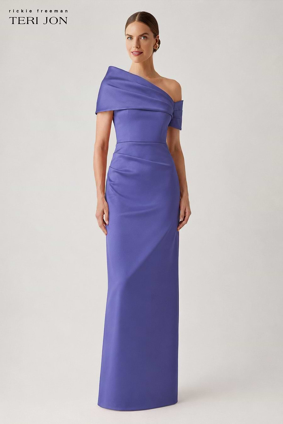 Stretch Mikado Asymmetrical Off Shoulder Cuff Gown –