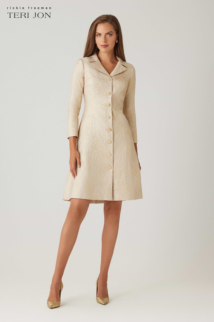 Teri Jon Metallic Jacquard Coat Dress - Gold