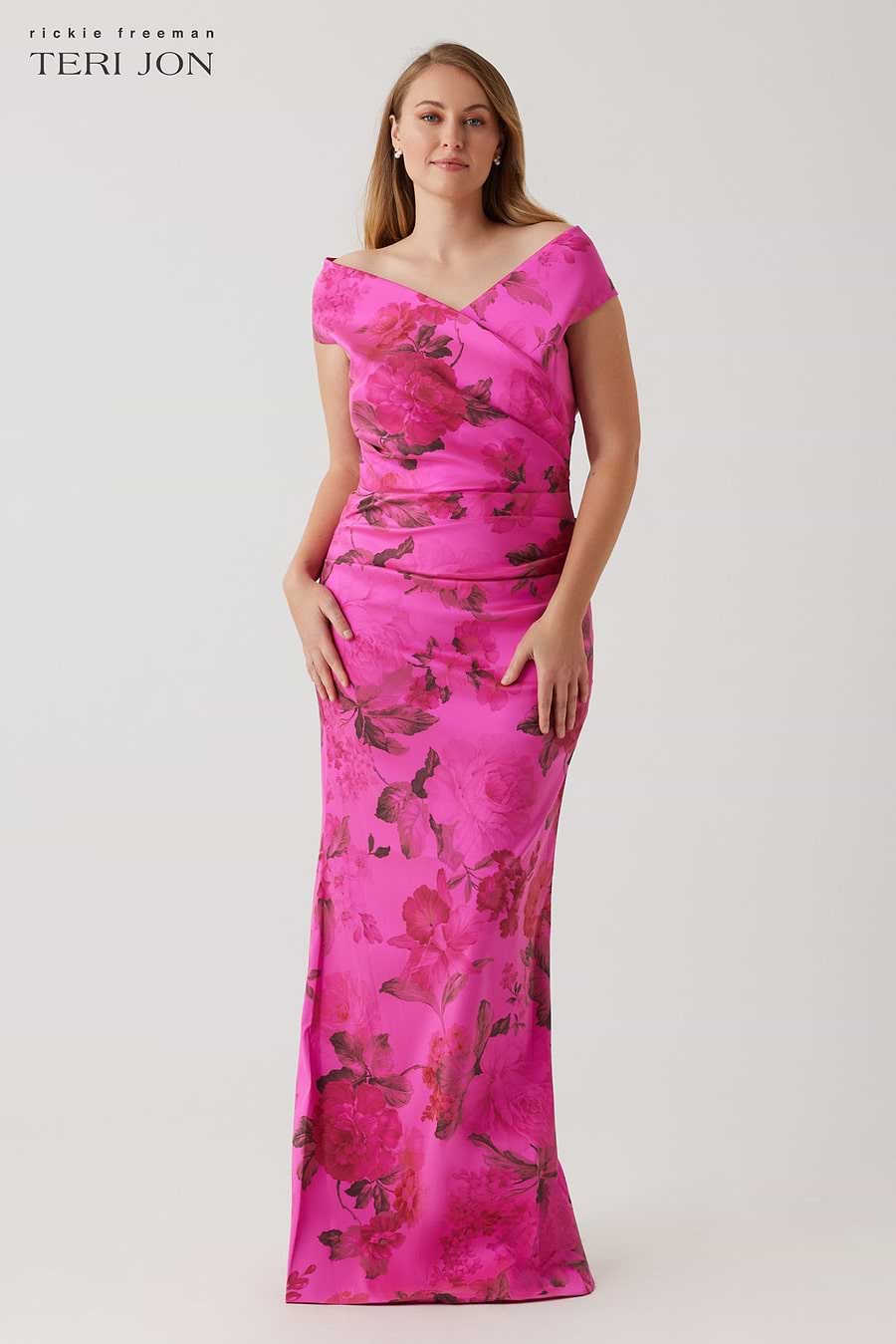 teri jon hot pink dress Stretch Printed Gazar Draped Off Shoulder Gown – maxi gown? Floor length One shoulder Ebern Designs Stockley 3 ClothingSize:16