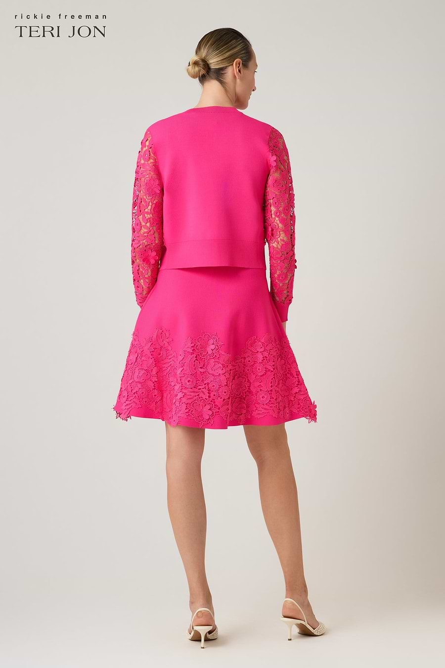 Teri Jon By Rickie Freeman Women's Knit Fit-and-Flare Lace Trim Dress - Pink - Size L