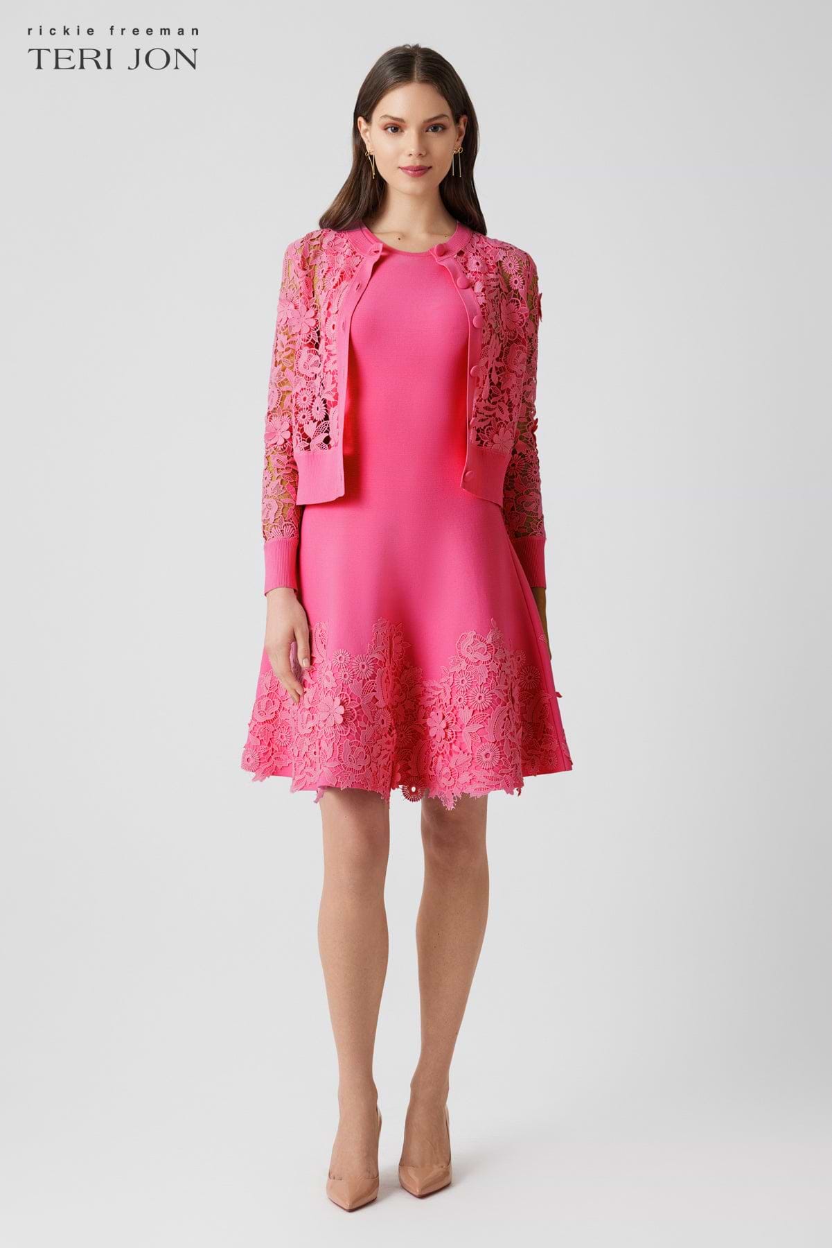 Teri Jon By Rickie Freeman Women's Knit Fit-and-Flare Lace Trim Dress - Pink - Size S
