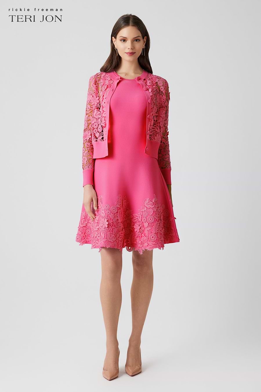 Teri Jon By Rickie Freeman Women's Knit Fit-and-Flare Lace Trim Dress - Pink - Size S