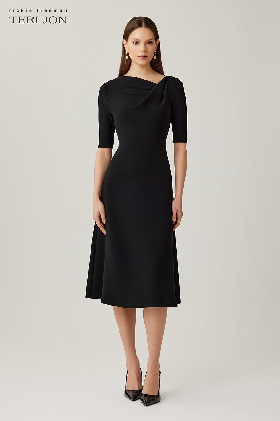 Teri Jon Crepe Asymmetrical Draped A Line Dress Size 16