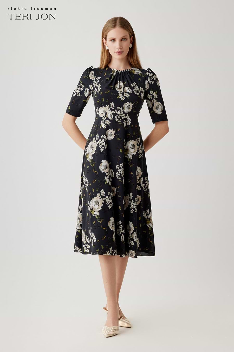 Teri Jon Embellished Floral Cocktail Midi Dress - Black Multi