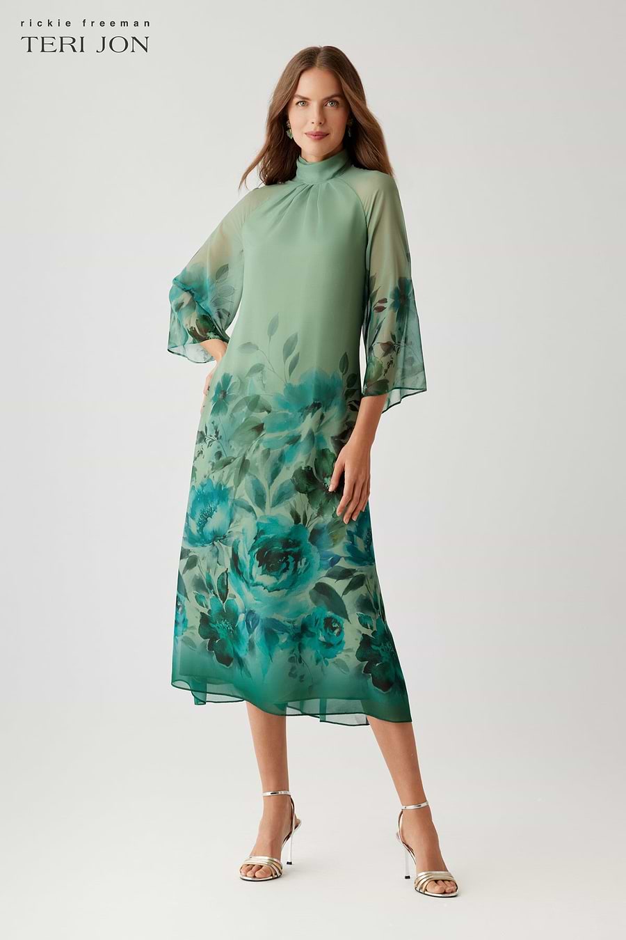 Teri Jon Chiffon Border Print Drape Neck 3/4 Sleeve A Line Midi Dress Size 8