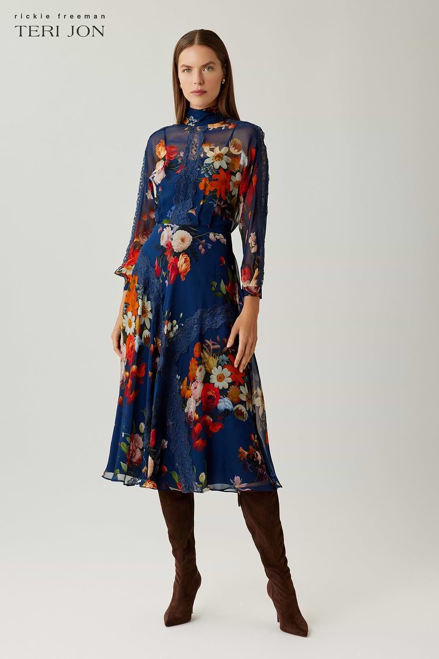 floral chiffon midi dress with sleeves Teri Jon Border Print Drape Neck 3/4 Sleeve A Line Size 8 Tie Belt Women's Long Sleeve Floral Dresses
