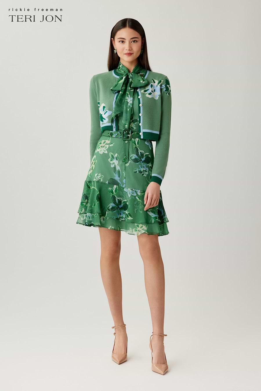 Teri Jon Chiffon Floral Tie Neck Tiered Dress Size 2