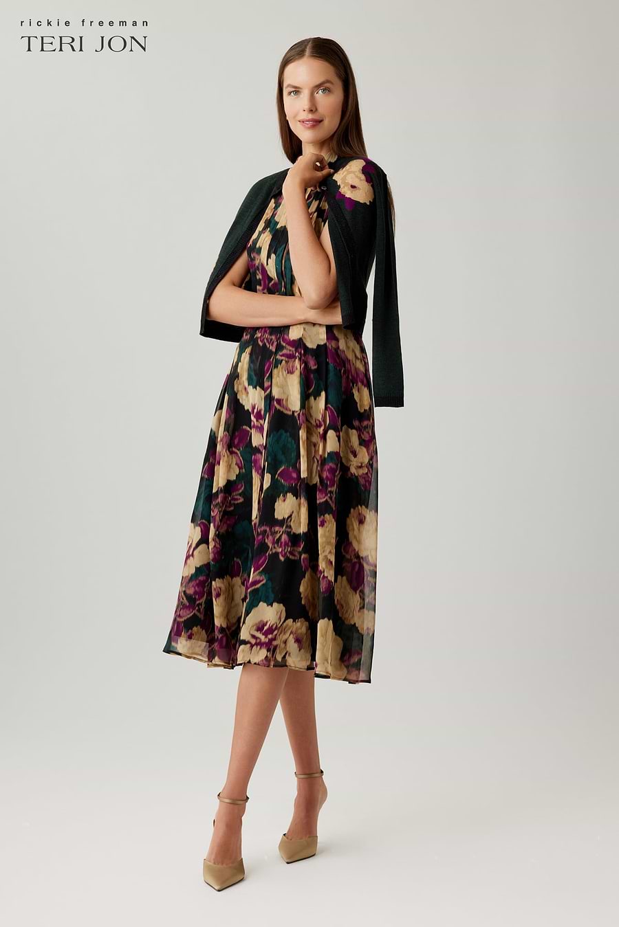Teri Jon Chiffon Floral Printed Midi Shirt Dress Size 22