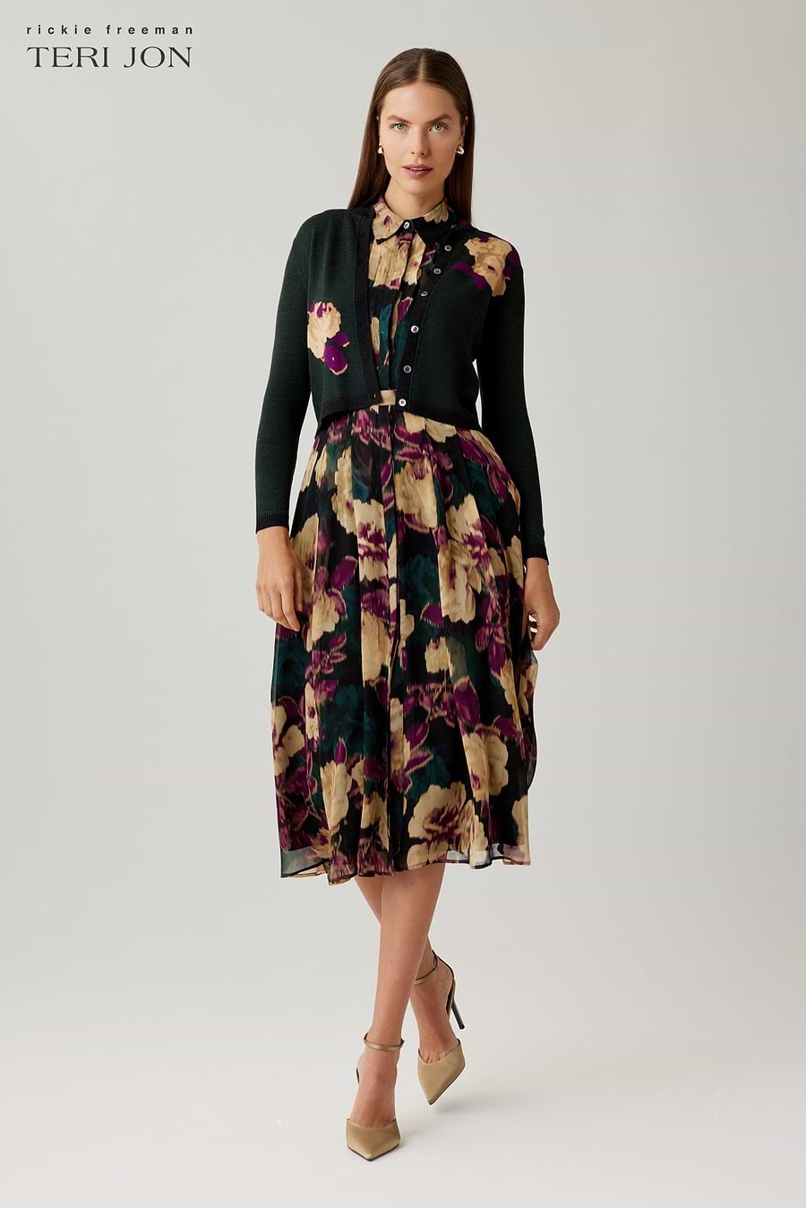 Chiffon Floral Printed Midi Shirt Dress –