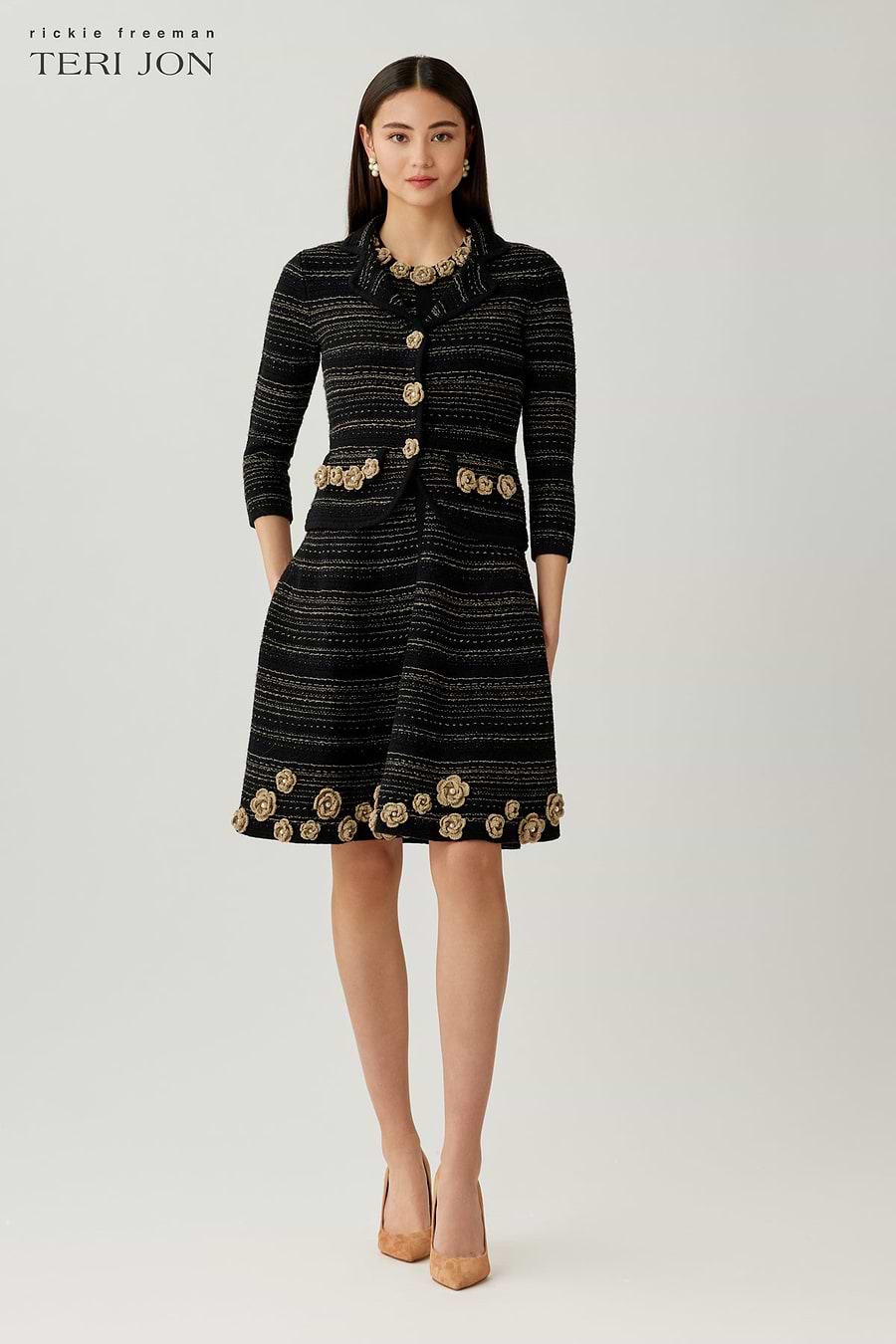 Teri Jon Embellished Boucle Knit Fit And Flare Dress Size XS