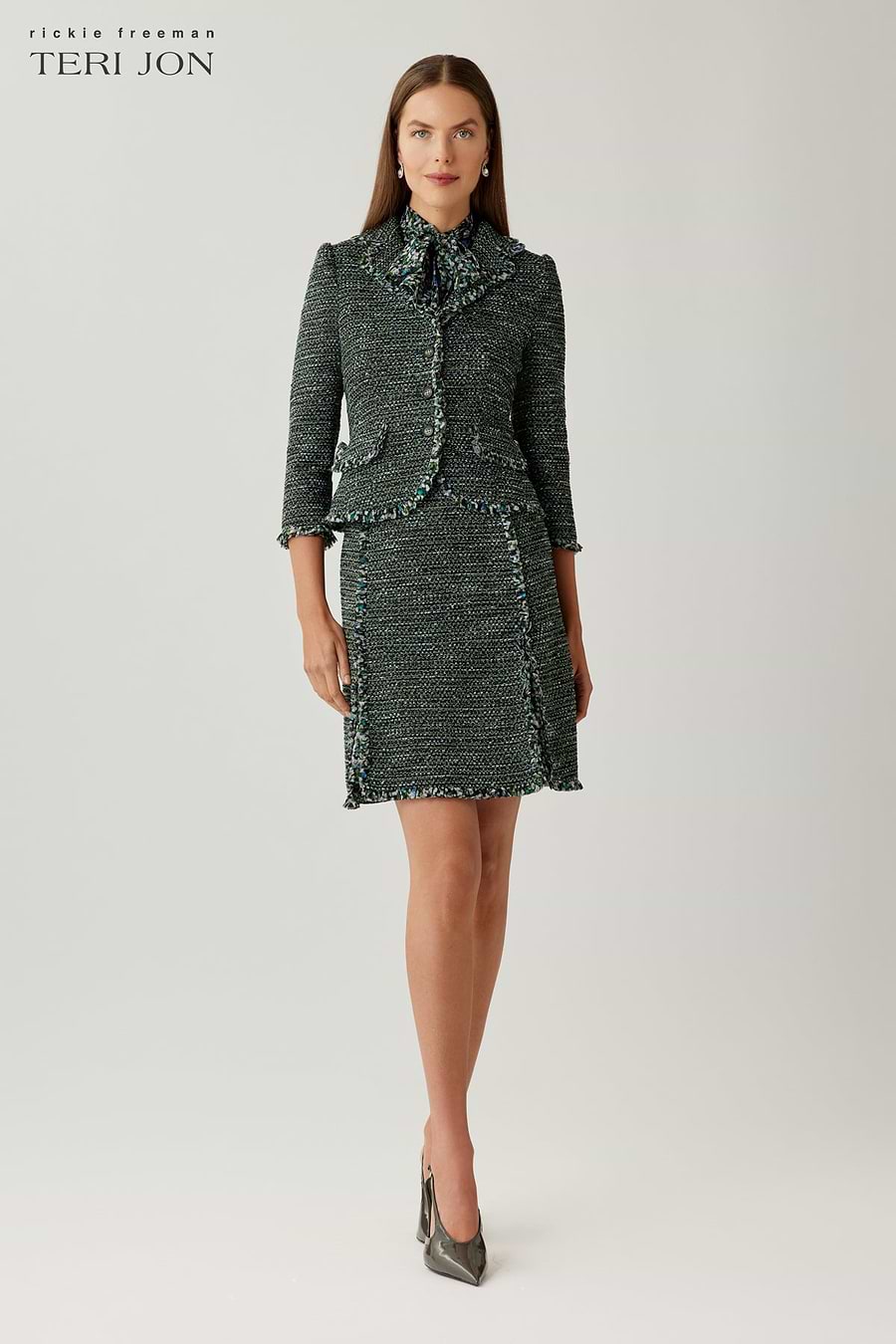 Teri Jon Tweed Chiffon Trim Dress And Jacket Set Size 0