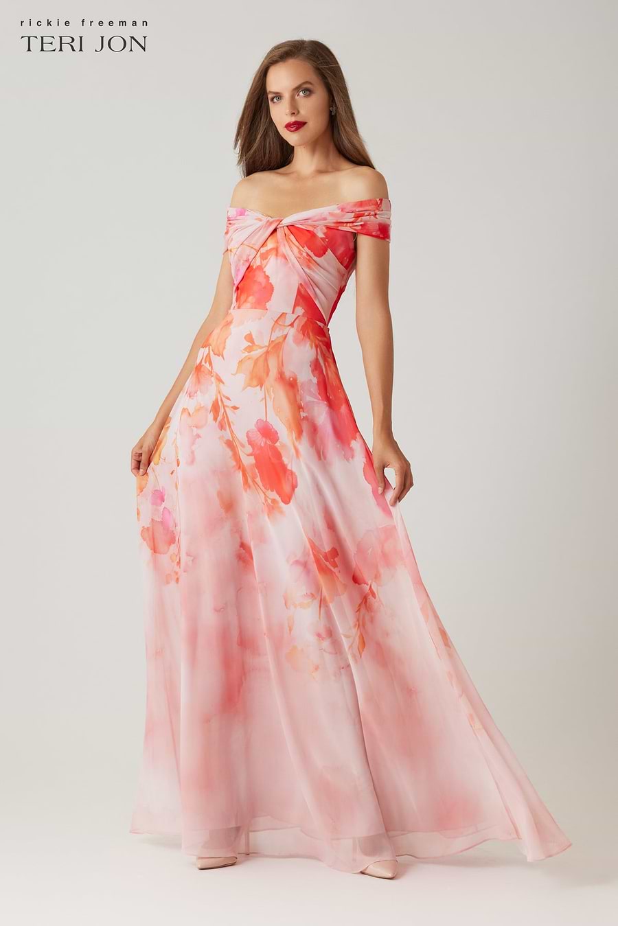 Teri Jon Chiffon Off The Shoulder Twist Gown Size 0