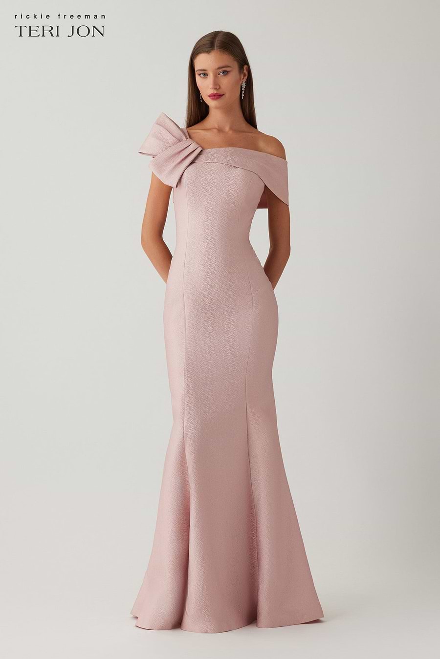 Metallic Jacquard Asymmetric Neck Bow Shoulder Gown –