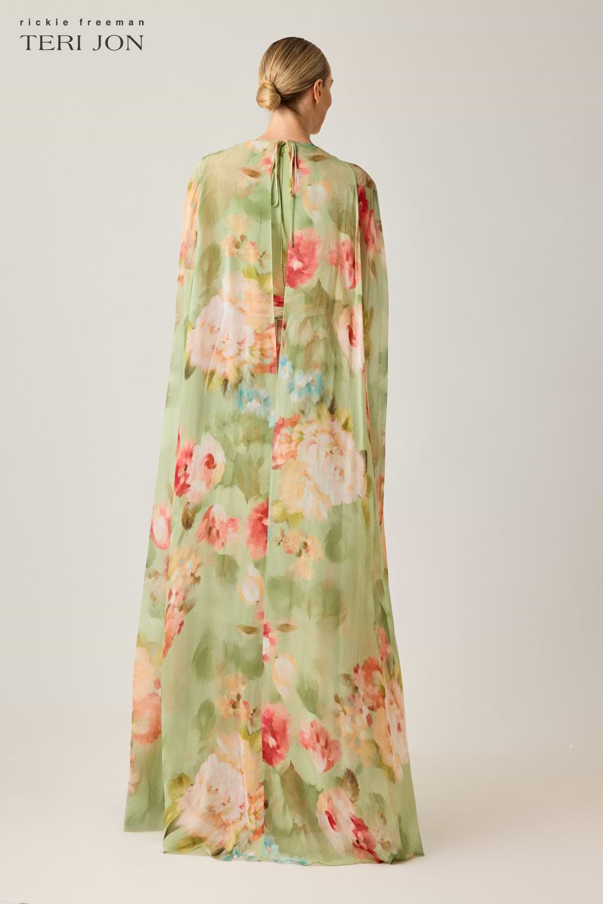 Chiffon Floral Cape Gown –