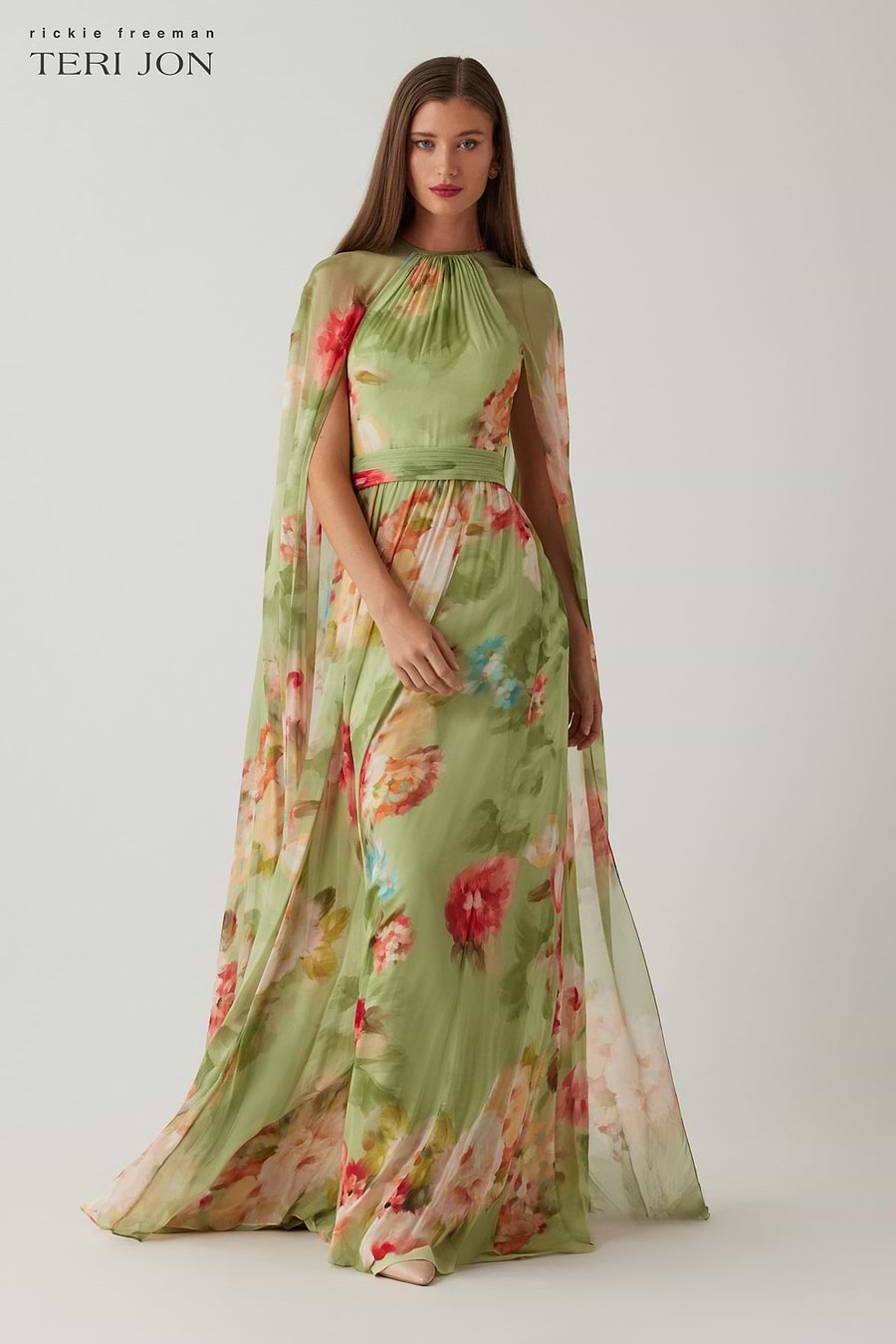 Chiffon Floral Cape Gown