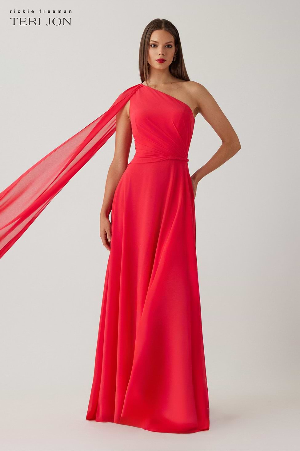 Chiffon One Shoulder Cape Sleeve Side Drape Gown