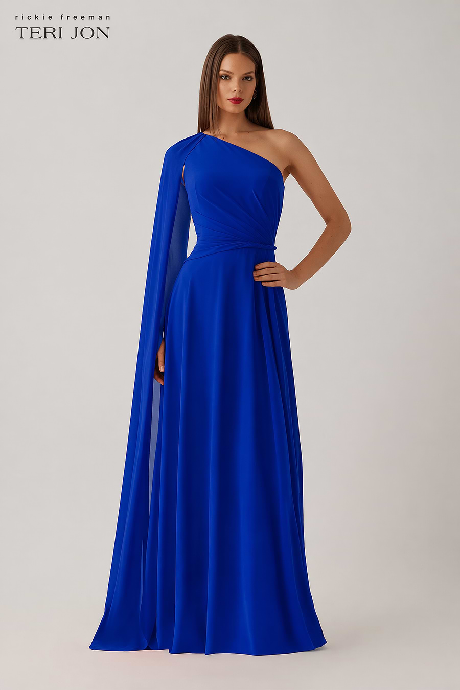 Chiffon One Shoulder Cape Sleeve Side Drape Gown –