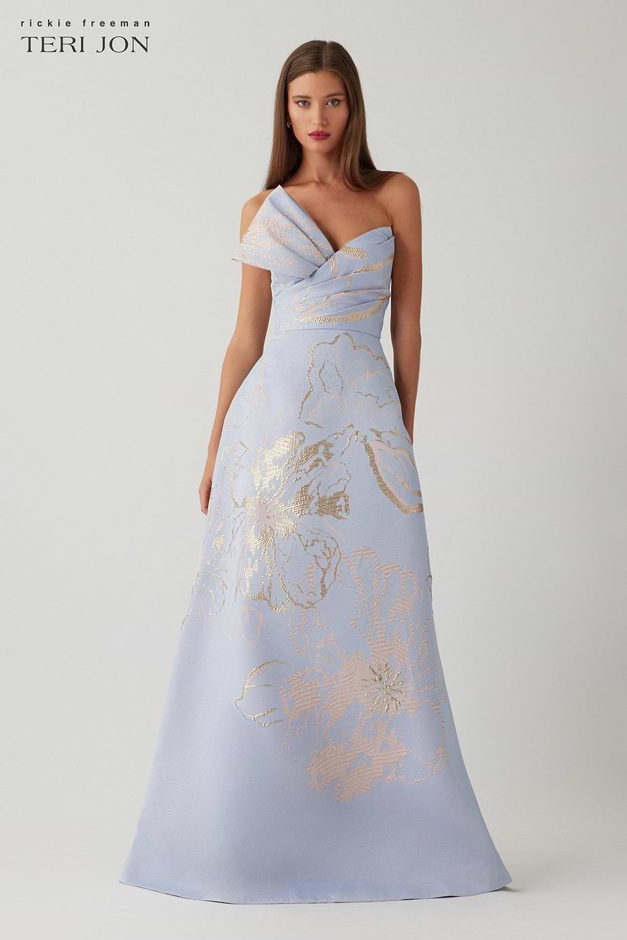 Teri Jon Metallic Jacquard Side Bow Gown - Light Blue Multi