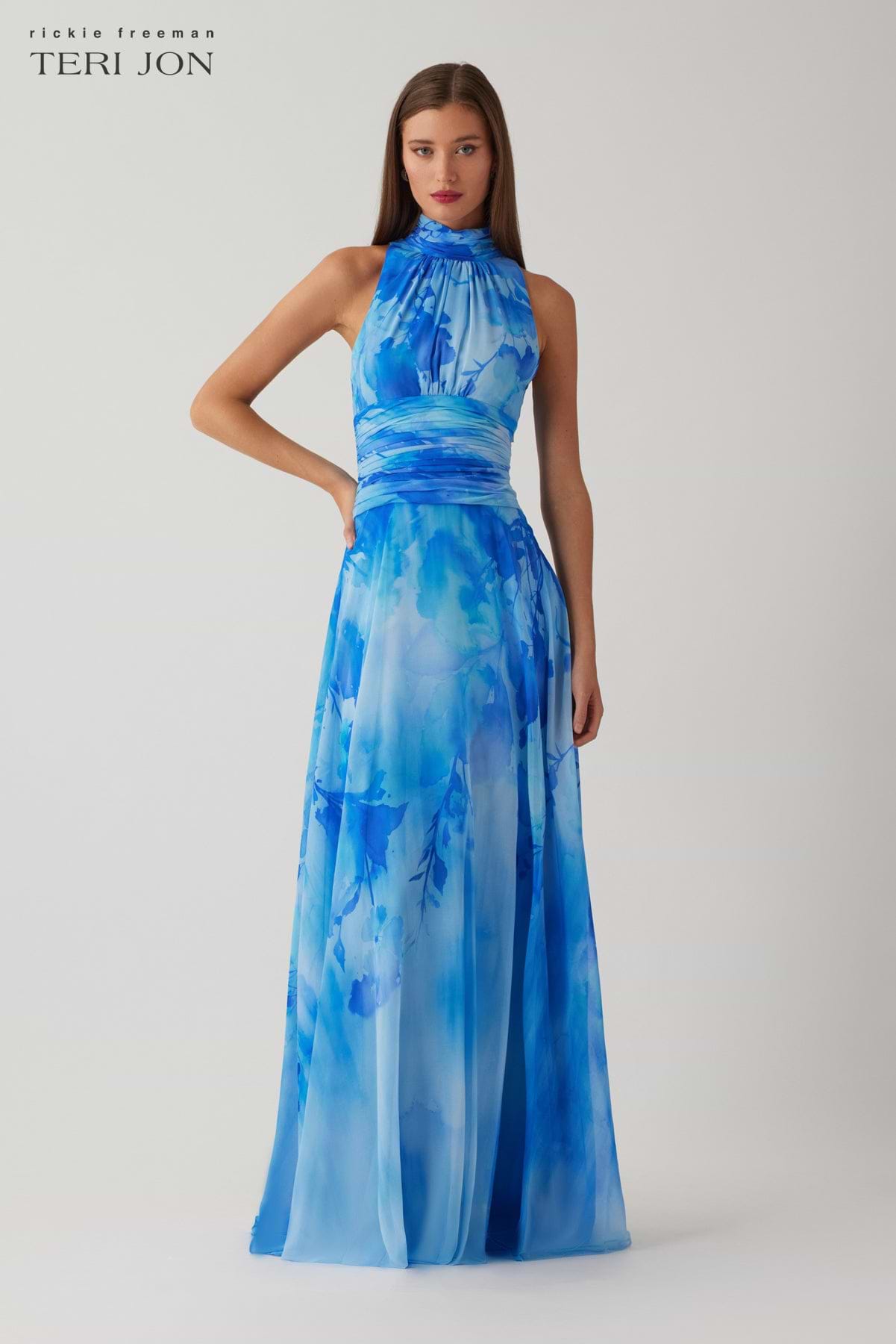 Teri Jon Chiffon Cloud Printed Halter Gown Size 18