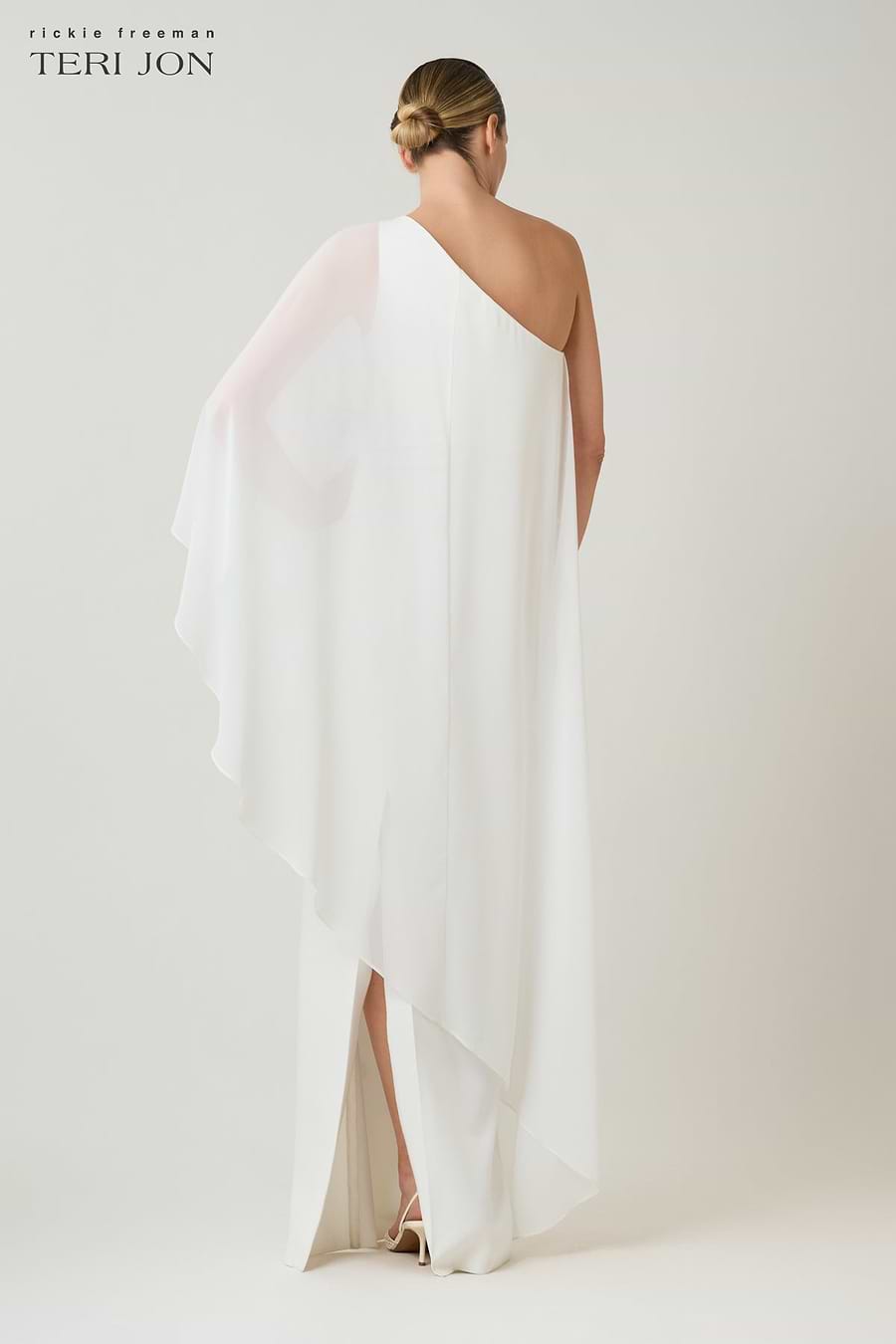 One Shoulder Chiffon Floral Print Overlay Crepe Column Gown –