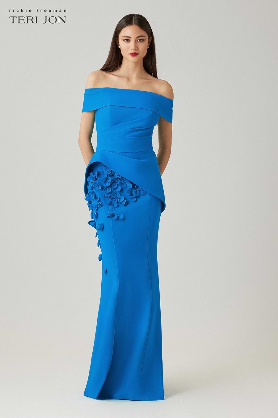 Teri Jon Scuba Off The Shoulder Cuff Peplum Gown with 3D Floral Trim Size 12