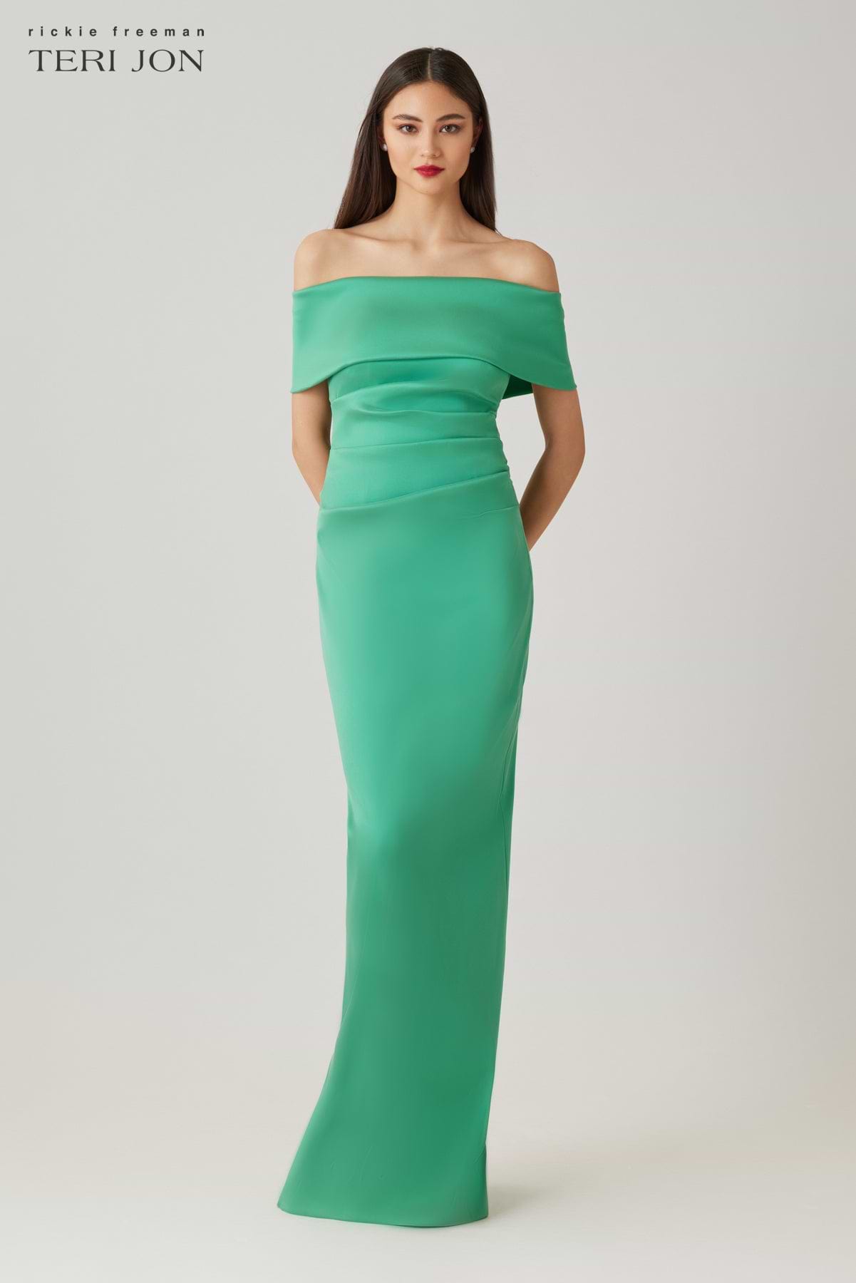 Teri Jon Stretch Mikado Off The Shoulder Draped Column Gown Size 2