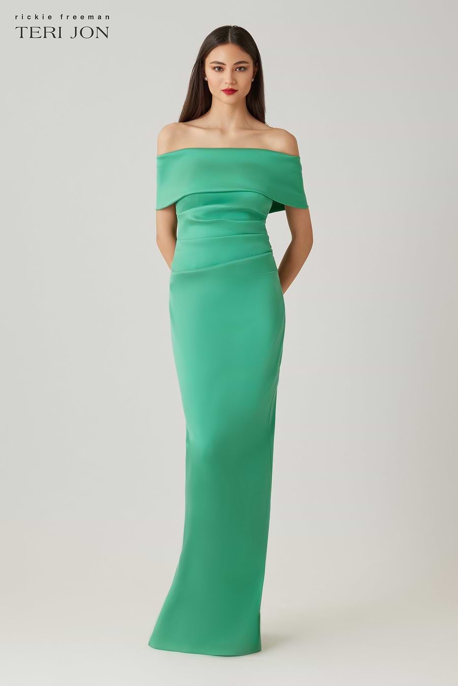 Teri Jon Stretch Mikado Off The Shoulder Draped Column Gown Size 2