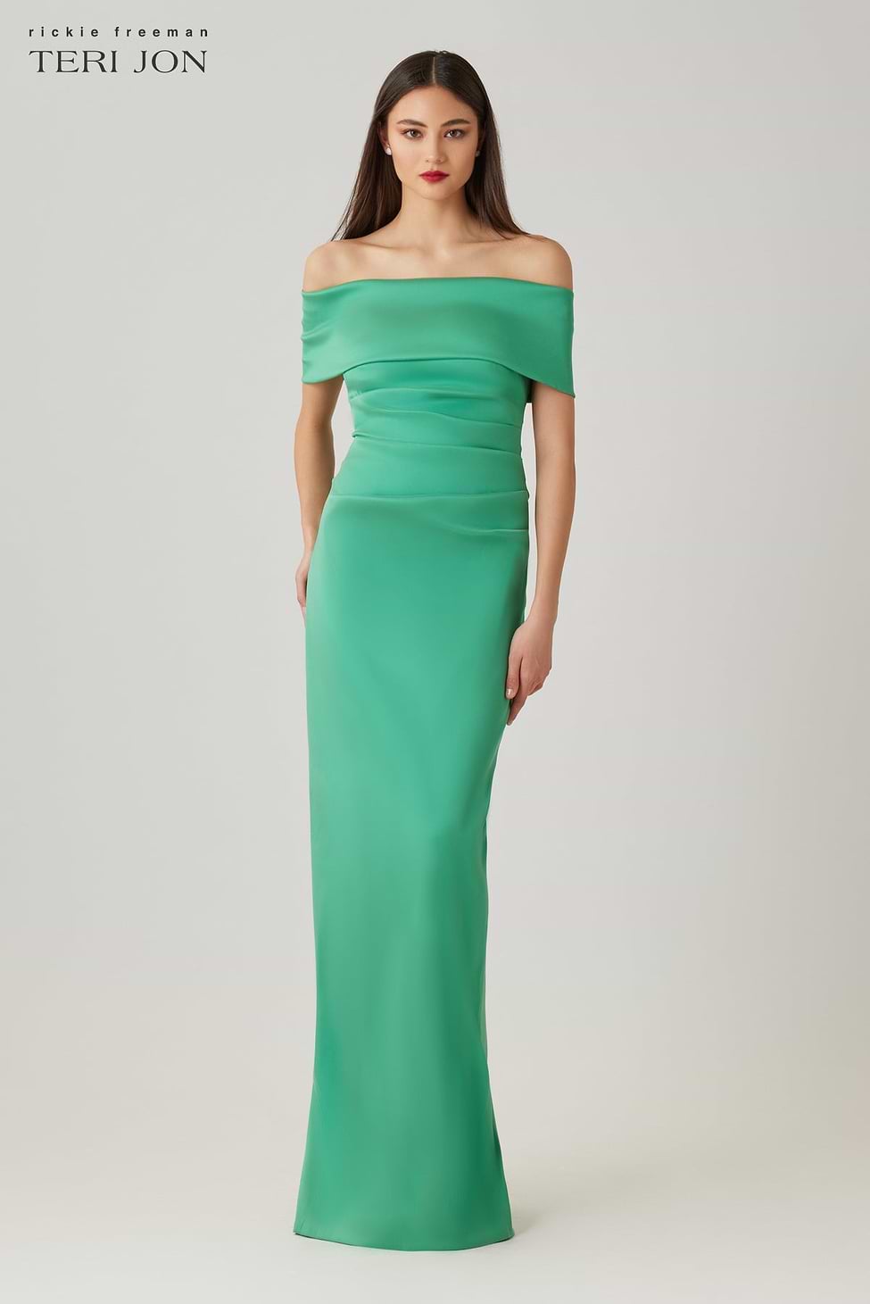 Teri Jon Stretch Mikado Off The Shoulder Draped Column Gown Size 2