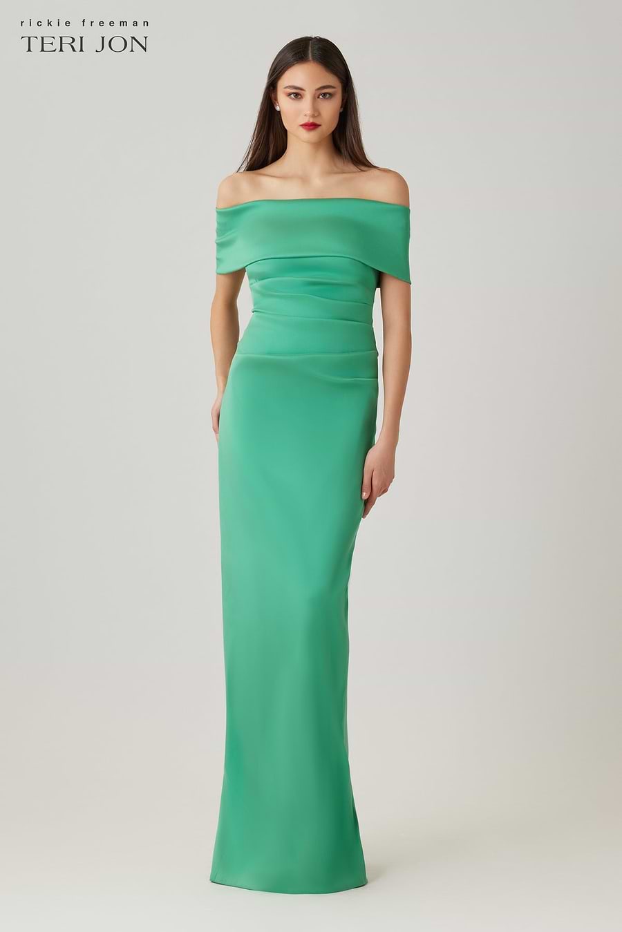 Teri Jon Stretch Mikado Off The Shoulder Draped Column Gown Size 2