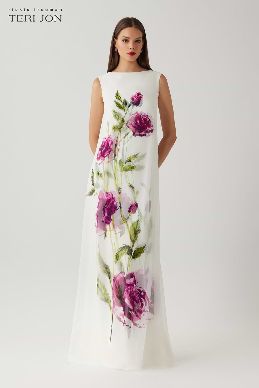 Flower Print Crepe With Chiffon Overlay Gown