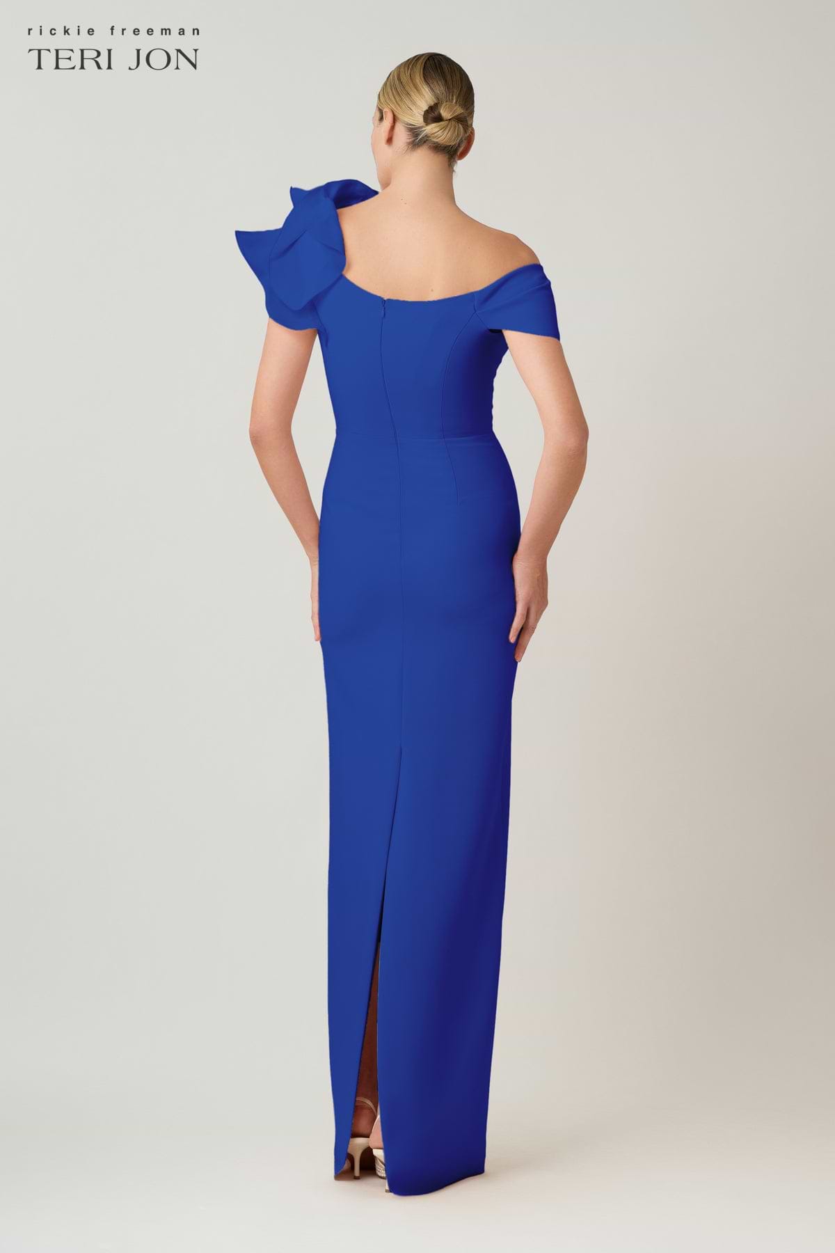 Teri Jon Crepe Asymmetrical Off The Shoulder Organza Ruffle Column Gown Size 8