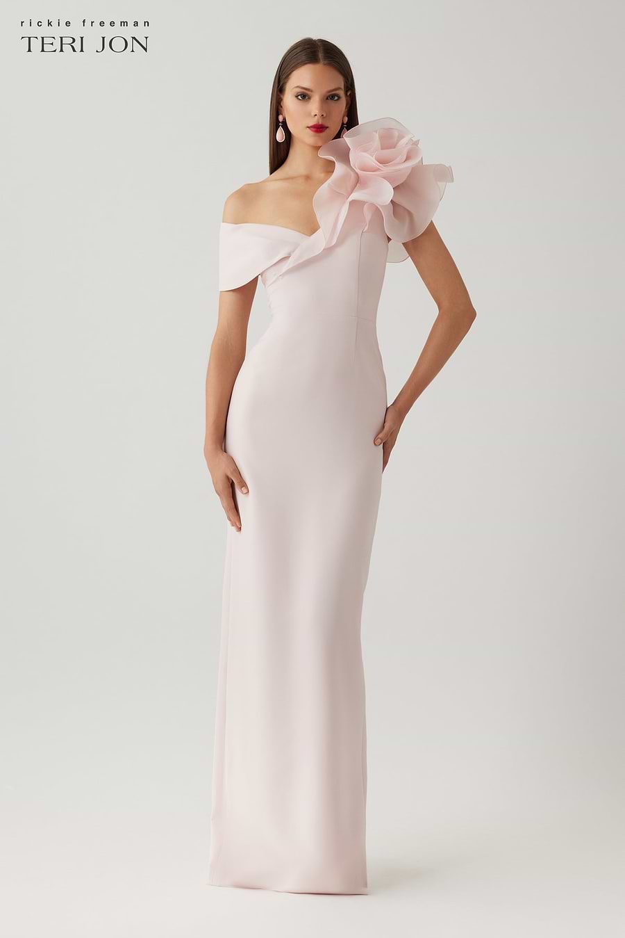 Crepe Asymmetrical Off The Shoulder Organza Ruffle Column Gown