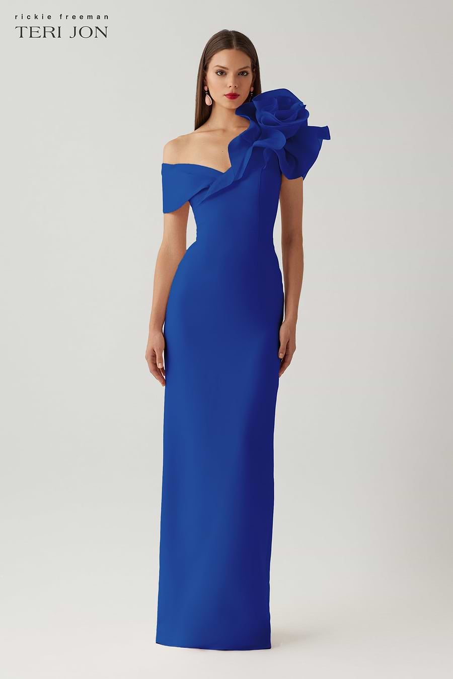 Teri Jon Crepe Asymmetrical Off The Shoulder Organza Ruffle Column Gown Size 8