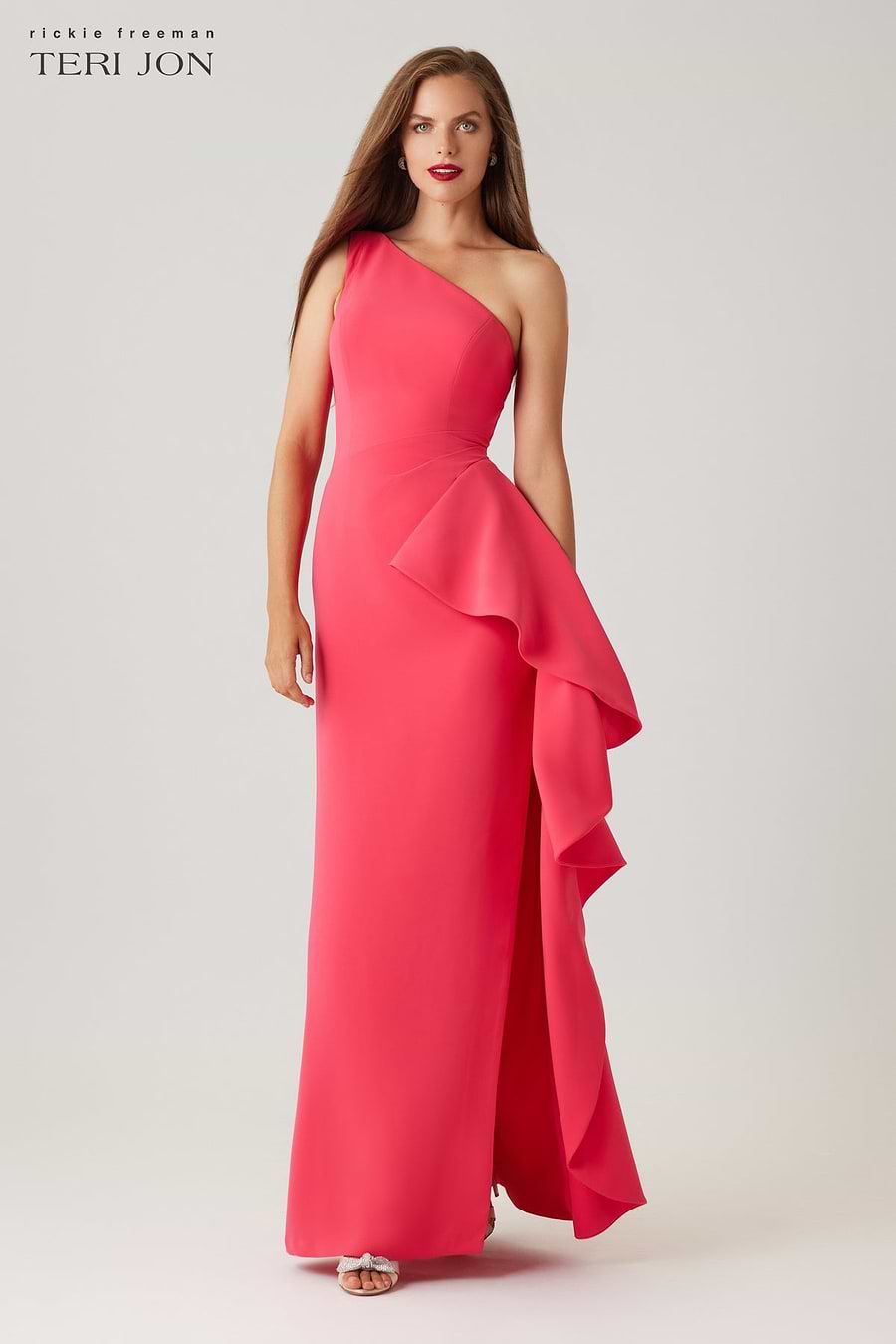 Crepe One Shoulder Side Drape Cascade Ruffle Gown