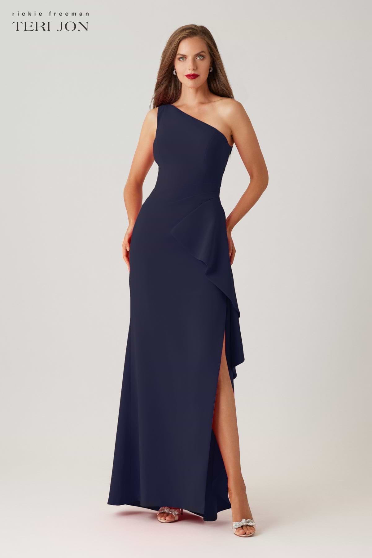 Teri Jon Crepe One Shoulder Side Drape Cascade Ruffle Gown Size 10