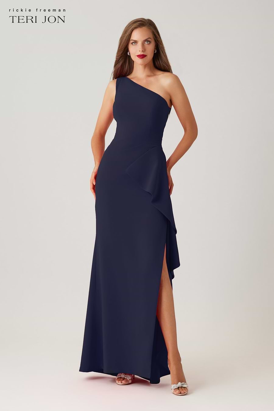 Teri Jon Crepe One Shoulder Side Drape Cascade Ruffle Gown Size 10