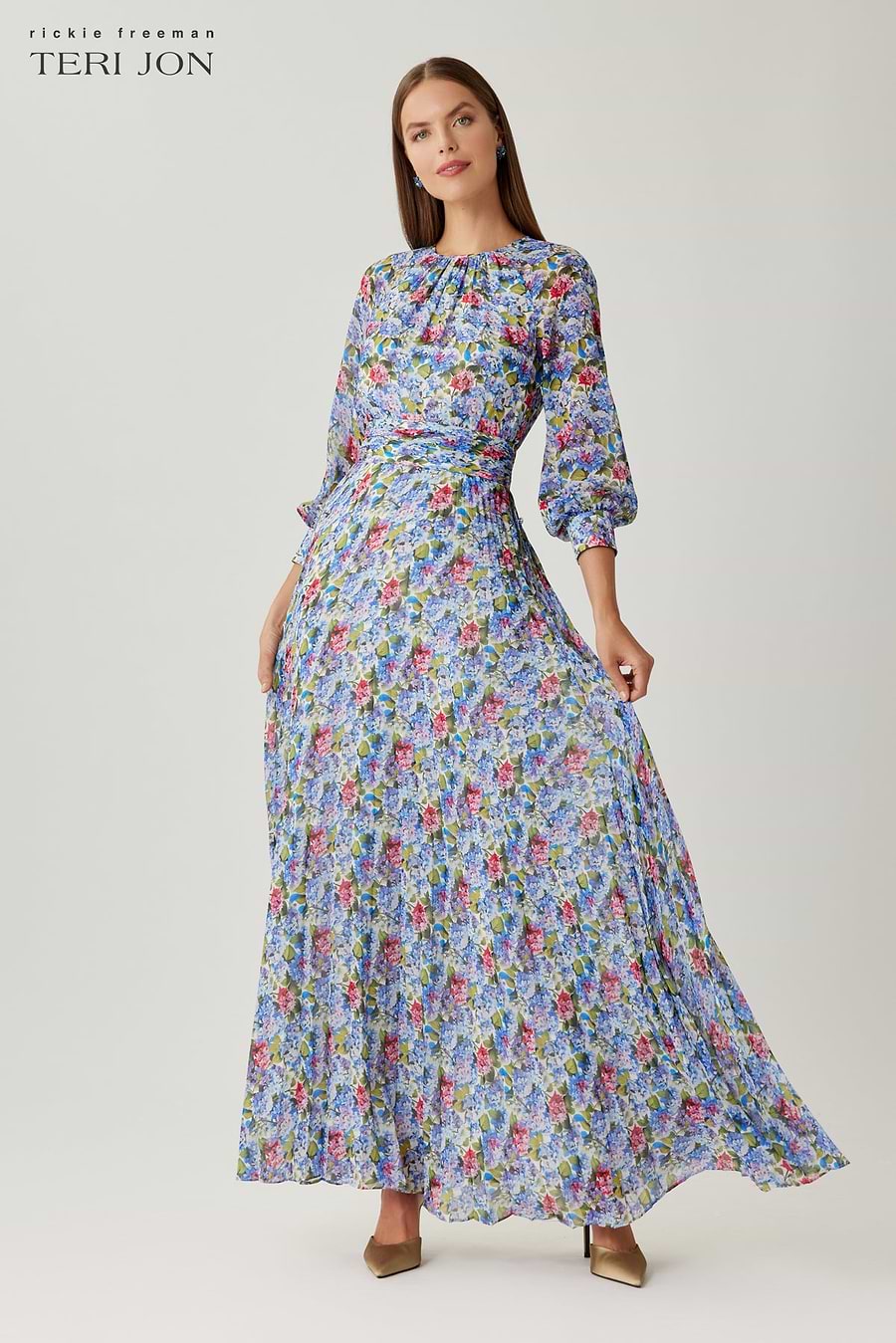Teri Jon Chiffon Print Long Sleeve Pleated Gown Size 14