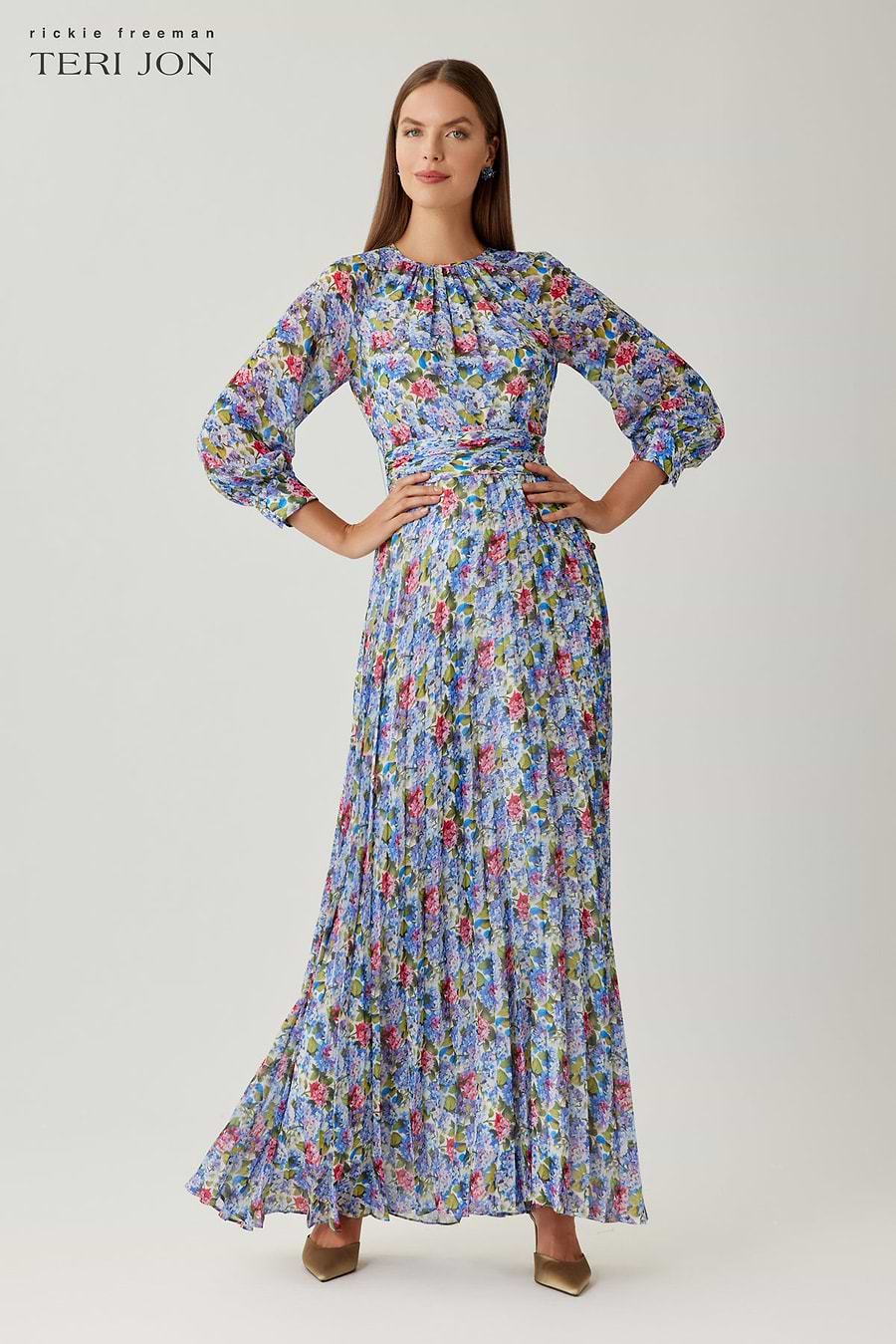 Teri Jon Chiffon Print Long Sleeve Pleated Gown Size 6