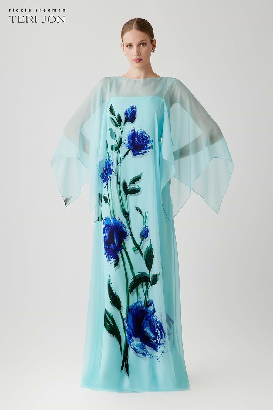 Chiffon Cape Floral Printed Overlay Gown